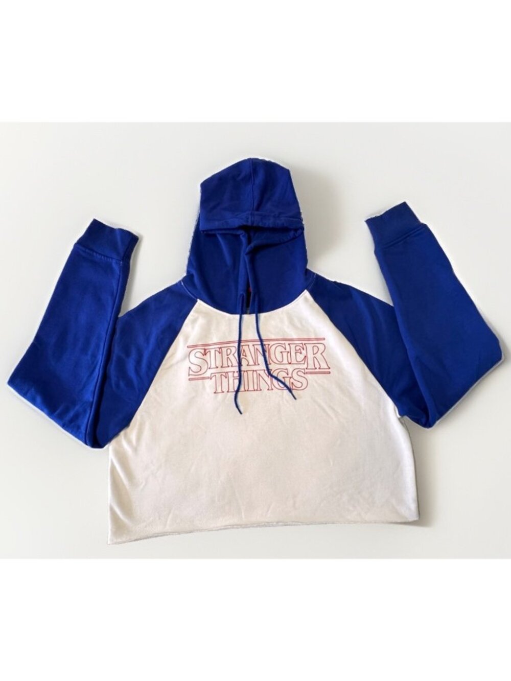 Stranger Things Retro Raglan Cropped Hoodie White Blue Red Outline Letters Sz Lg